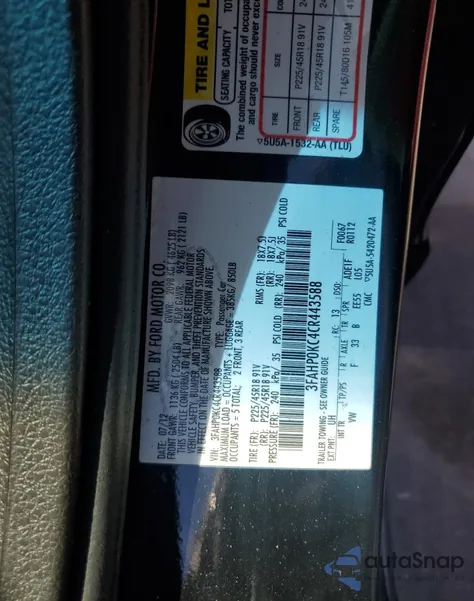 2012 Ford Fusion Sport from USA, damaged, VIN 3FAHP0KC4CR443588